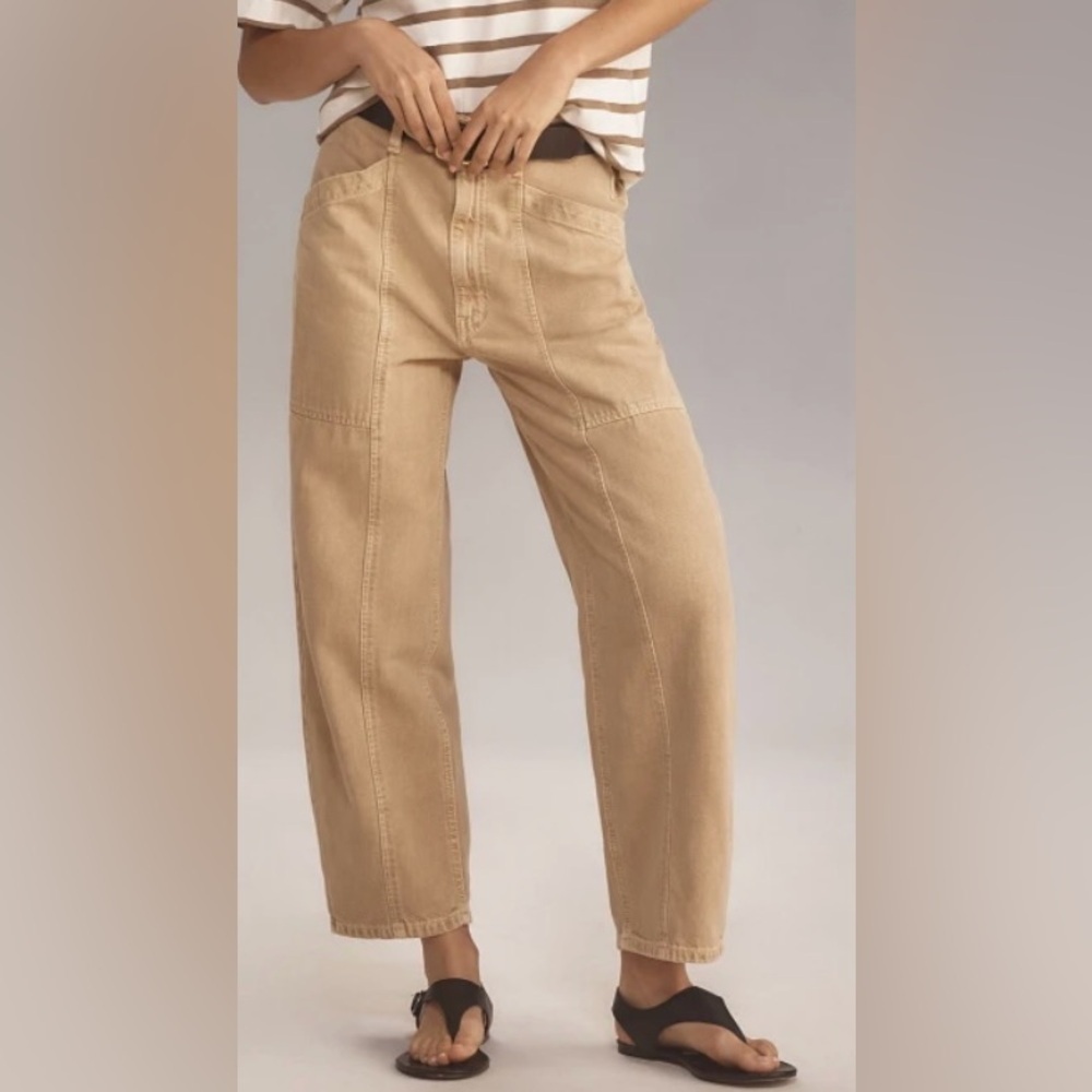 NWOT Etica Ellie Utility High-Rise Barrel Jeans Sz 27 Sweet Coconut Tan